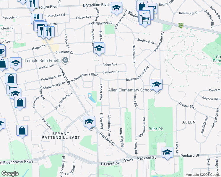 map of restaurants, bars, coffee shops, grocery stores, and more near 2555 Gladstone Avenue in Ann Arbor