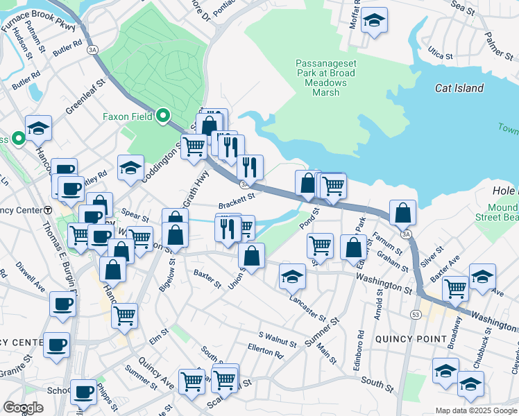 map of restaurants, bars, coffee shops, grocery stores, and more near 99 Brackett Street in Quincy