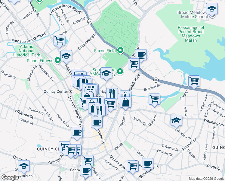 map of restaurants, bars, coffee shops, grocery stores, and more near 42 Spear Street in Quincy