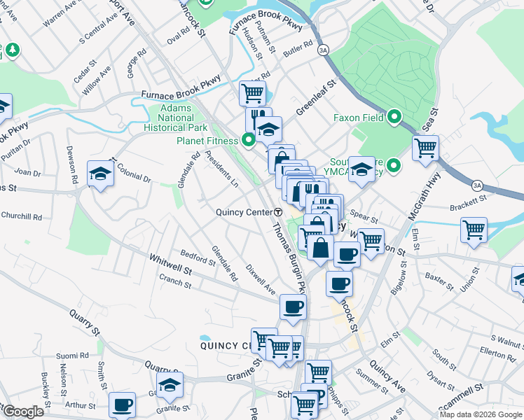 map of restaurants, bars, coffee shops, grocery stores, and more near 140 Presidents Lane in Quincy
