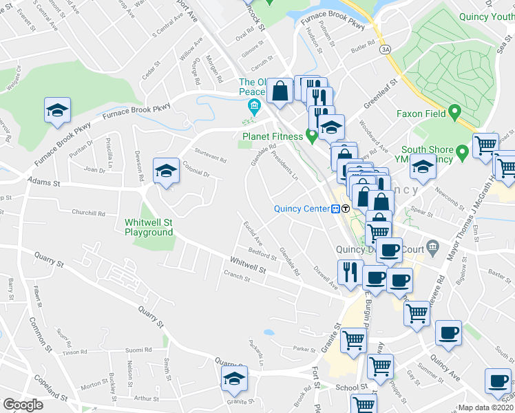 map of restaurants, bars, coffee shops, grocery stores, and more near 109 Monroe Road in Quincy