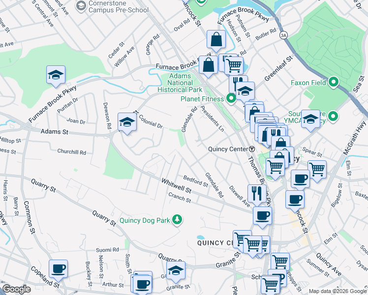 map of restaurants, bars, coffee shops, grocery stores, and more near 69 Glendale Road in Quincy