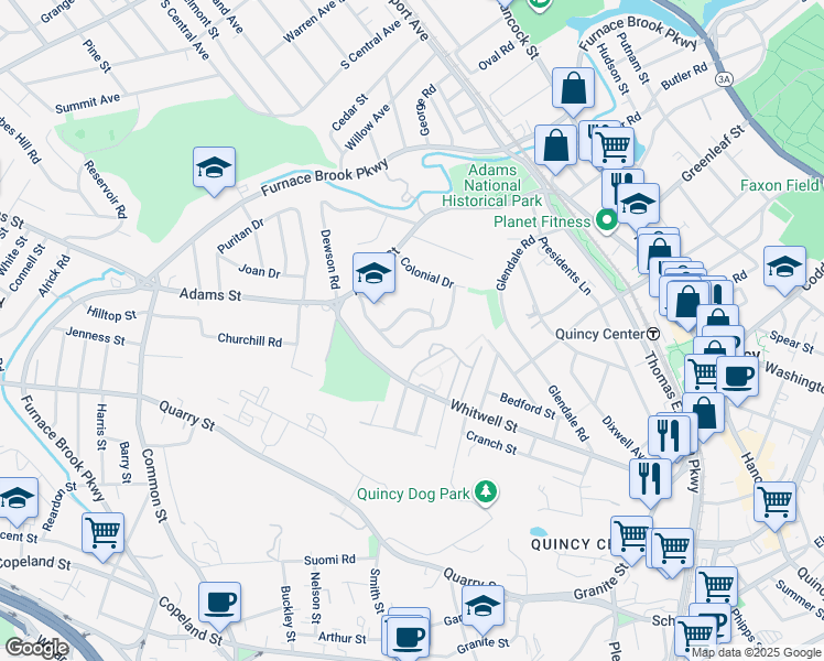 map of restaurants, bars, coffee shops, grocery stores, and more near 85 Colonial Drive in Quincy