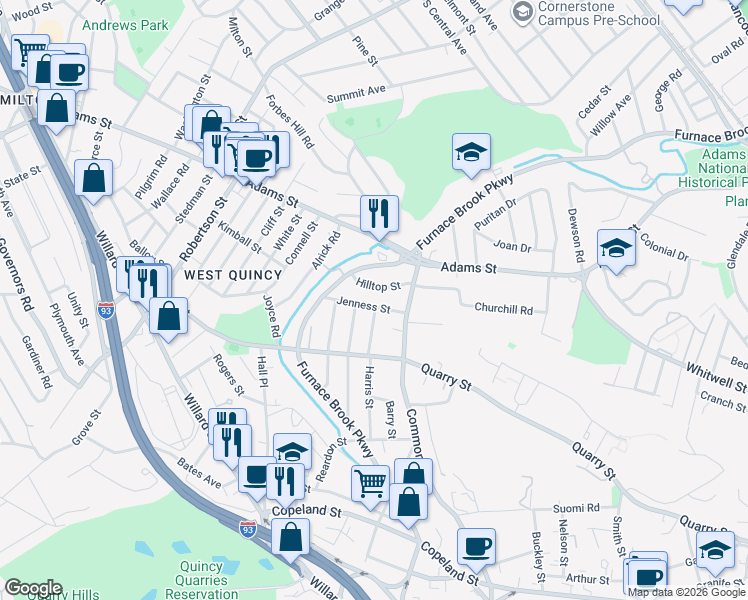 map of restaurants, bars, coffee shops, grocery stores, and more near 54 Jenness Street in Quincy