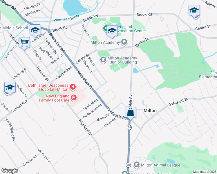 map of restaurants, bars, coffee shops, grocery stores, and more near 27 Coolidge Road in Milton