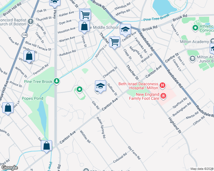 map of restaurants, bars, coffee shops, grocery stores, and more near 56 Gulliver Street in Milton