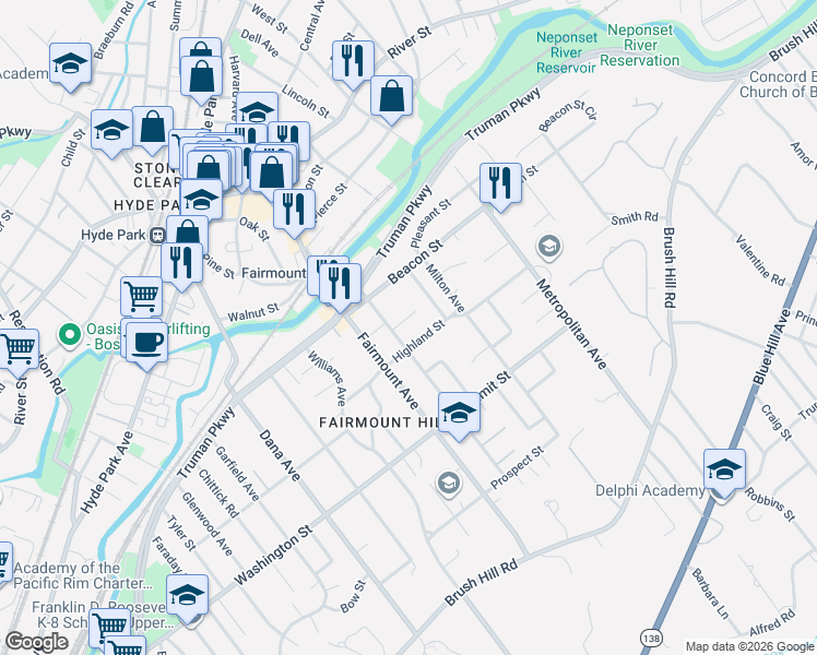 map of restaurants, bars, coffee shops, grocery stores, and more near 66 Highland Street in Boston