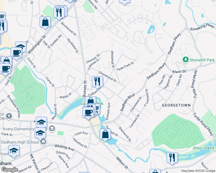 map of restaurants, bars, coffee shops, grocery stores, and more near 146 Colburn Street in Dedham