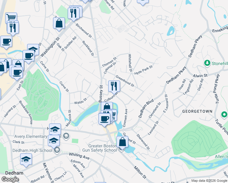 map of restaurants, bars, coffee shops, grocery stores, and more near 25 Congress Place in Dedham