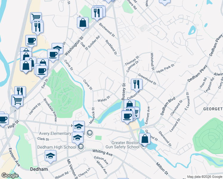 map of restaurants, bars, coffee shops, grocery stores, and more near 43 Curve Street in Dedham