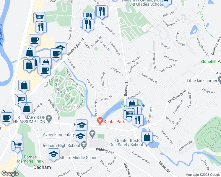 map of restaurants, bars, coffee shops, grocery stores, and more near 43 Curve Street in Dedham