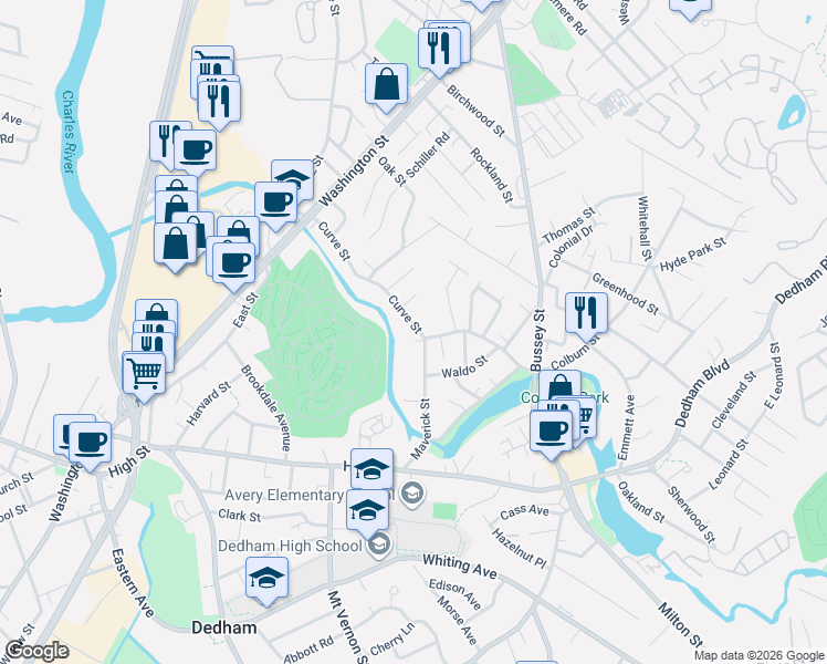 map of restaurants, bars, coffee shops, grocery stores, and more near 109 Curve Street in Dedham