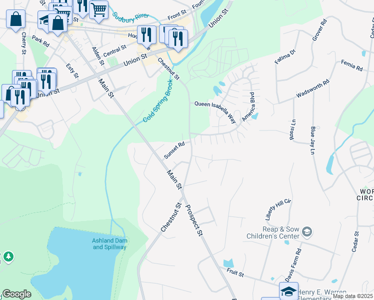 map of restaurants, bars, coffee shops, grocery stores, and more near 19 Sunset Road in Ashland