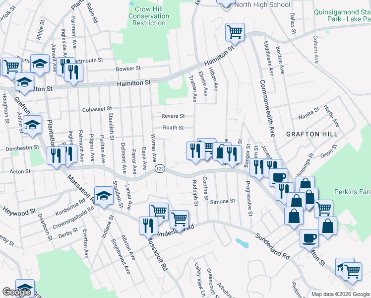 map of restaurants, bars, coffee shops, grocery stores, and more near 16 Emile Street in Worcester