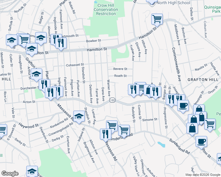 map of restaurants, bars, coffee shops, grocery stores, and more near 23 Inverness Avenue in Worcester