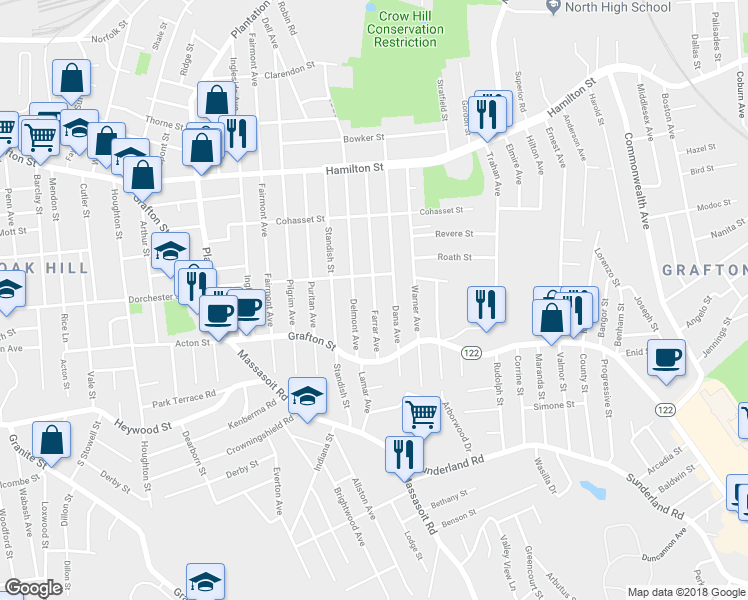 map of restaurants, bars, coffee shops, grocery stores, and more near 117 Farrar Avenue in Worcester