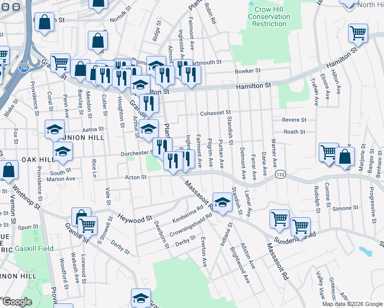 map of restaurants, bars, coffee shops, grocery stores, and more near 226 Fairmont Avenue in Worcester