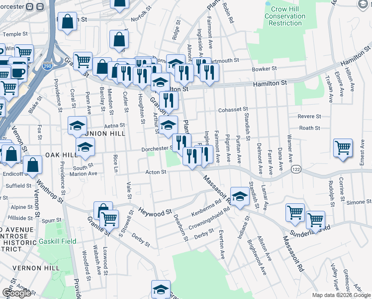 map of restaurants, bars, coffee shops, grocery stores, and more near 442 Grafton Street in Worcester