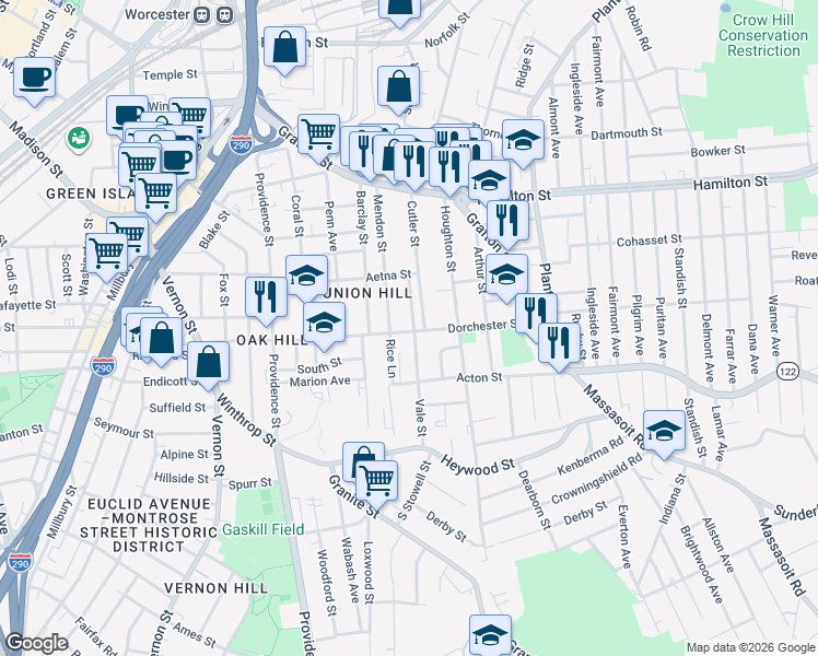 map of restaurants, bars, coffee shops, grocery stores, and more near 127 Dorchester Street in Worcester