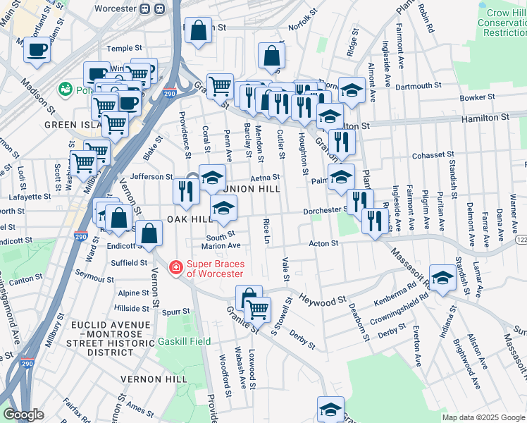 map of restaurants, bars, coffee shops, grocery stores, and more near 111 Dorchester Street in Worcester