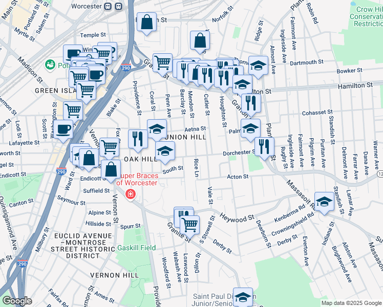 map of restaurants, bars, coffee shops, grocery stores, and more near 111 Dorchester Street in Worcester