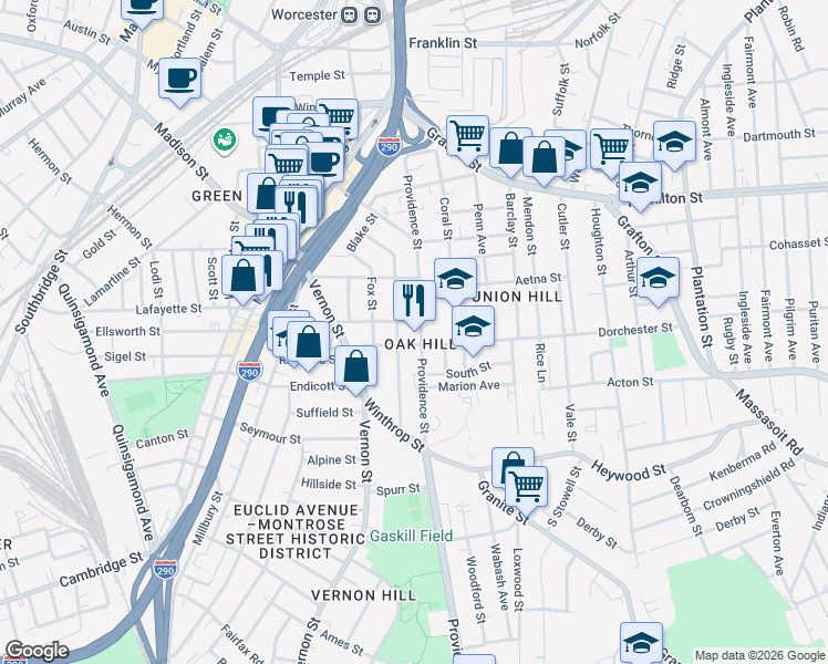 map of restaurants, bars, coffee shops, grocery stores, and more near in Worcester
