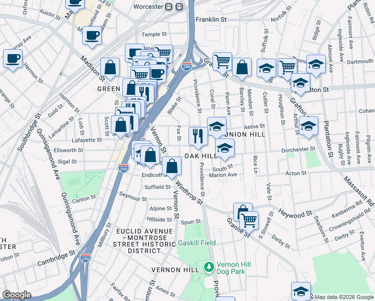 map of restaurants, bars, coffee shops, grocery stores, and more near 47 Dorchester Street in Worcester