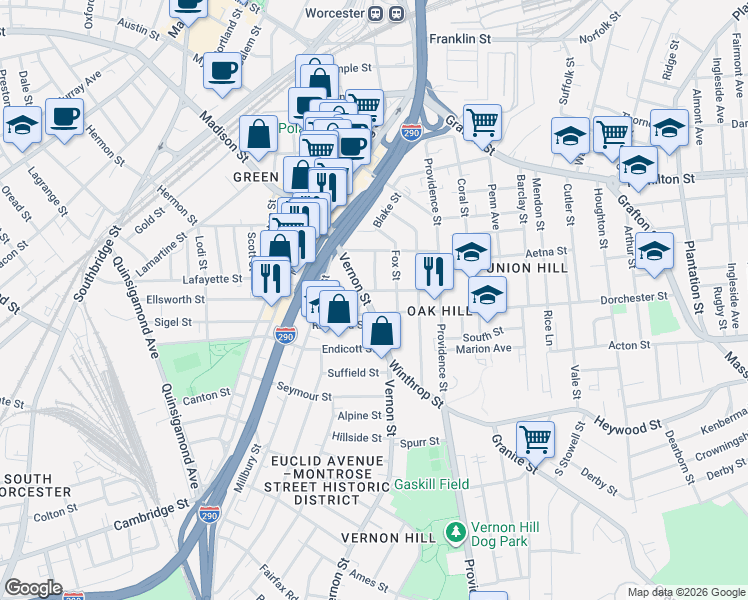 map of restaurants, bars, coffee shops, grocery stores, and more near 42 Vernon Street in Worcester