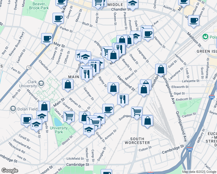 map of restaurants, bars, coffee shops, grocery stores, and more near 187 Beacon Street in Worcester