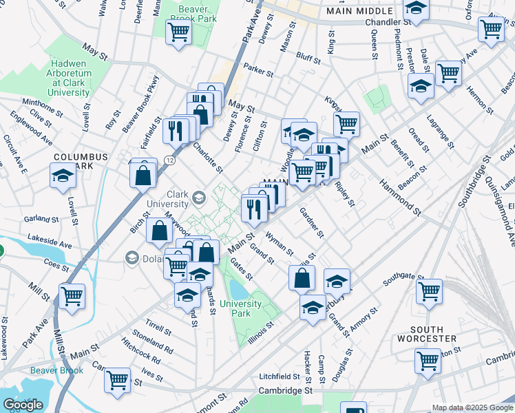 map of restaurants, bars, coffee shops, grocery stores, and more near in Worcester
