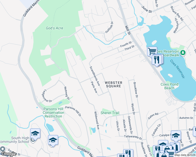 map of restaurants, bars, coffee shops, grocery stores, and more near 11 Forkey Avenue in Worcester