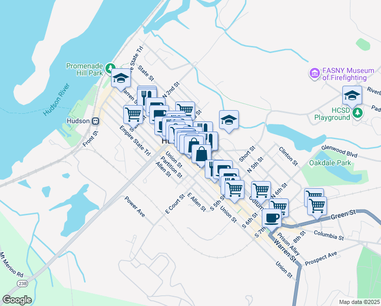map of restaurants, bars, coffee shops, grocery stores, and more near 348 Warren Street in Hudson