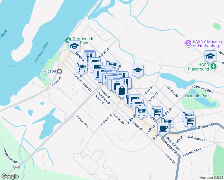 map of restaurants, bars, coffee shops, grocery stores, and more near 348 Warren Street in Hudson
