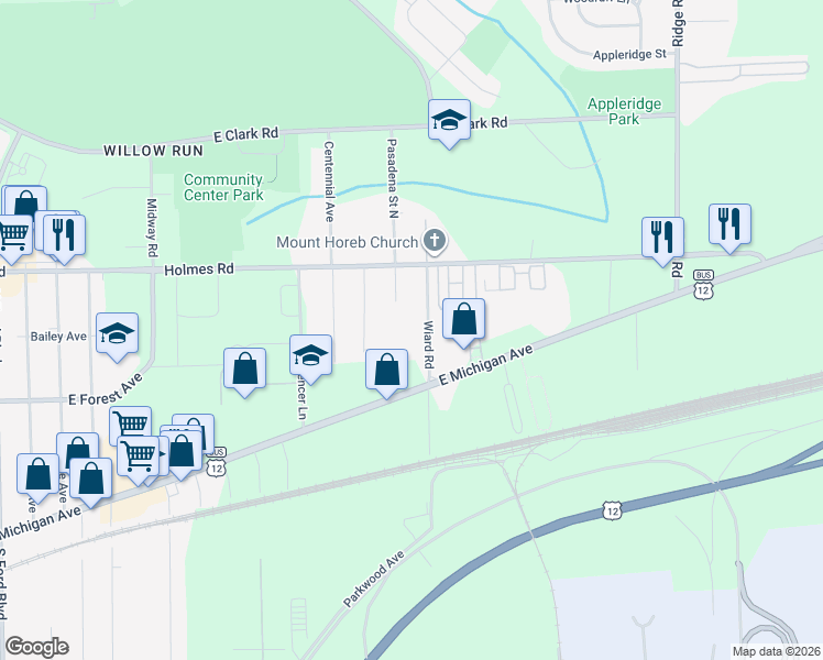 map of restaurants, bars, coffee shops, grocery stores, and more near 65 Wiard Road in Ypsilanti