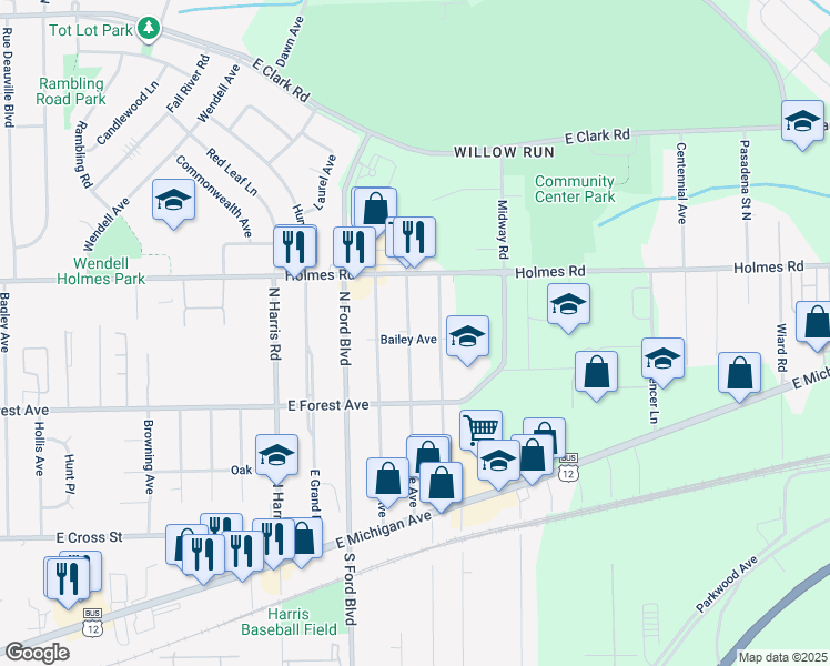 map of restaurants, bars, coffee shops, grocery stores, and more near 801 Jerome Avenue in Ypsilanti