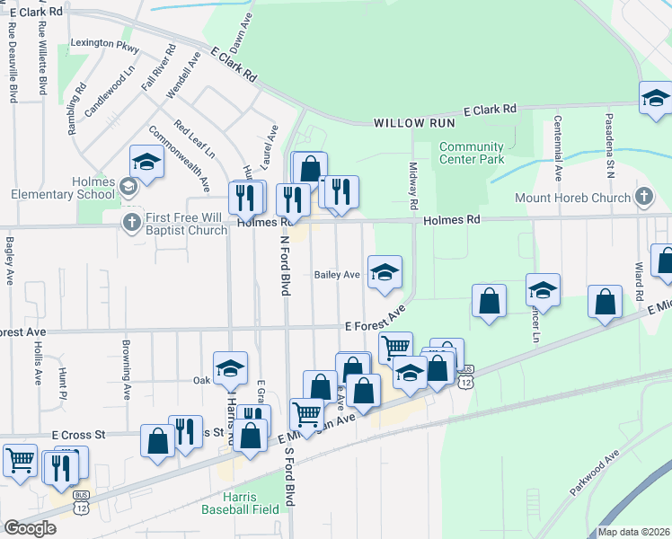 map of restaurants, bars, coffee shops, grocery stores, and more near 801 Jerome Avenue in Ypsilanti
