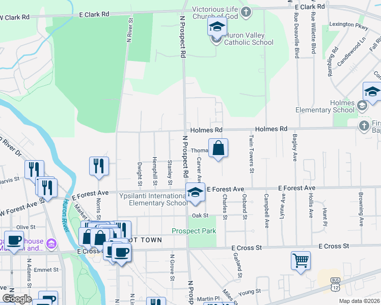 map of restaurants, bars, coffee shops, grocery stores, and more near 730 North Prospect Road in Ypsilanti