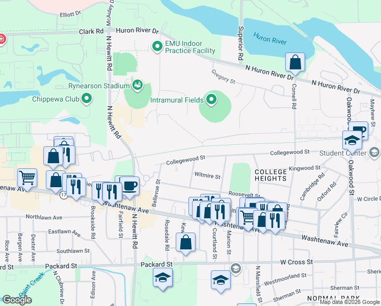 map of restaurants, bars, coffee shops, grocery stores, and more near 2012 Collegewood Street in Ypsilanti
