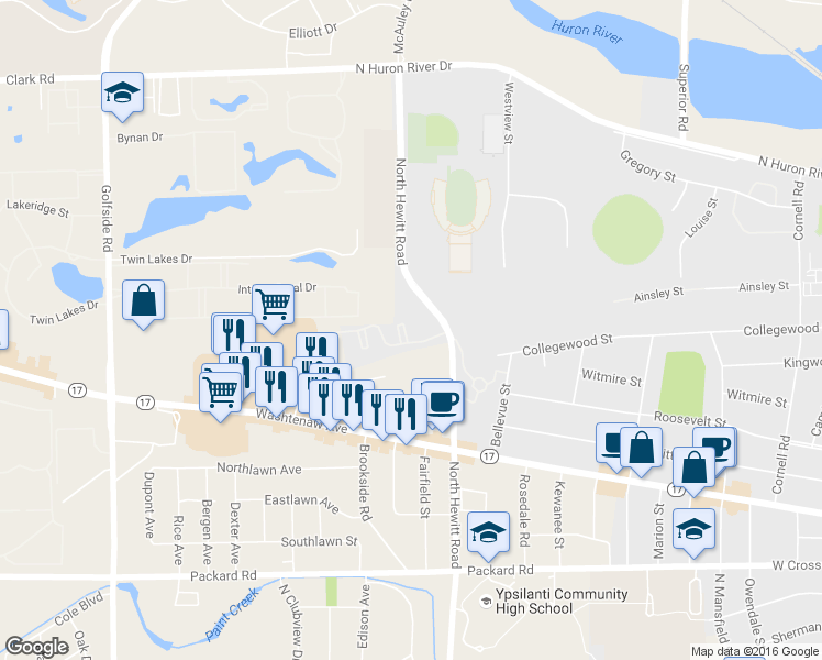 map of restaurants, bars, coffee shops, grocery stores, and more near 2224 Touchdown Court in Ypsilanti
