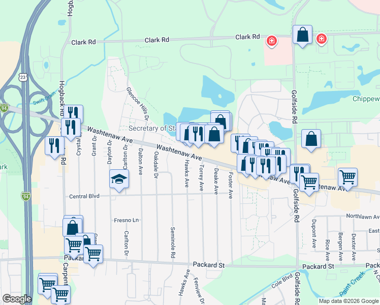 map of restaurants, bars, coffee shops, grocery stores, and more near 4563 Washtenaw Avenue in Ann Arbor