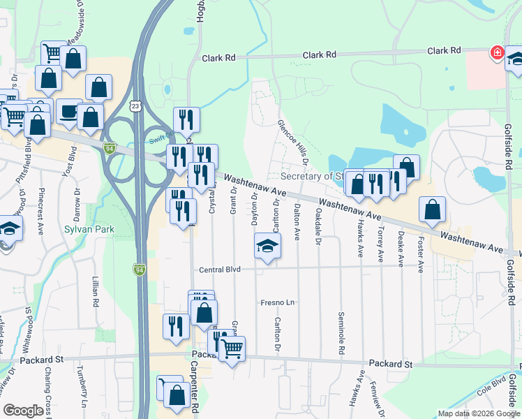 map of restaurants, bars, coffee shops, grocery stores, and more near 2408 Carlton Drive in Ann Arbor