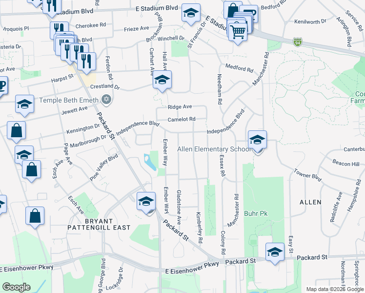 map of restaurants, bars, coffee shops, grocery stores, and more near 2555 Gladstone Avenue in Ann Arbor