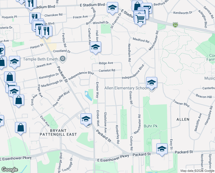 map of restaurants, bars, coffee shops, grocery stores, and more near 2555 Gladstone Avenue in Ann Arbor