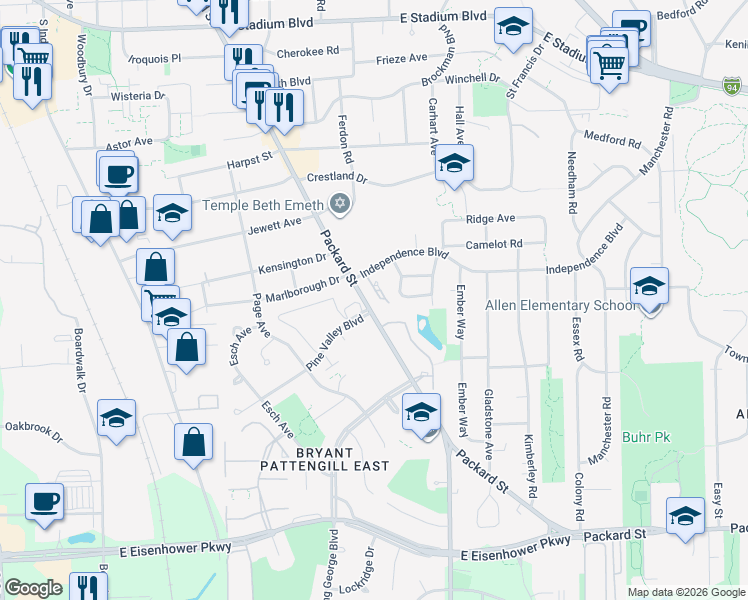 map of restaurants, bars, coffee shops, grocery stores, and more near 2441 Mulberry Court in Ann Arbor