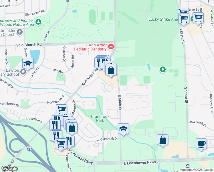 map of restaurants, bars, coffee shops, grocery stores, and more near 111 Fieldcrest Street in Ann Arbor