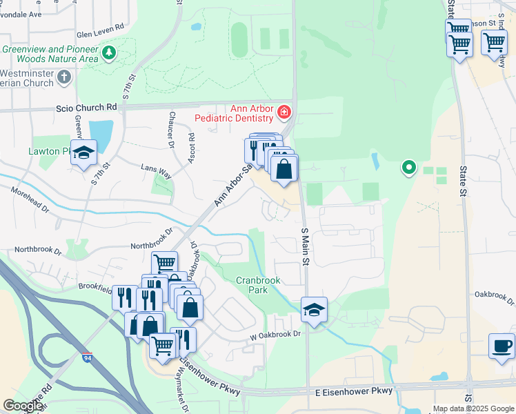 map of restaurants, bars, coffee shops, grocery stores, and more near 125 Fieldcrest Street in Ann Arbor