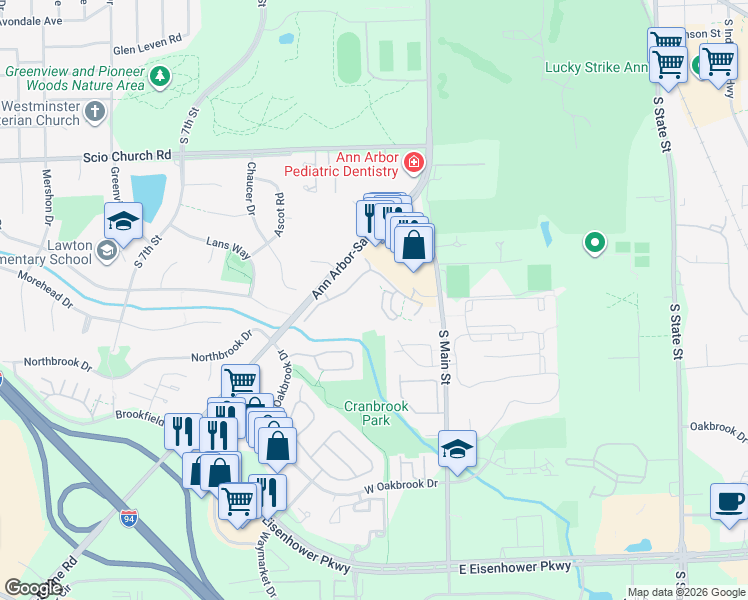 map of restaurants, bars, coffee shops, grocery stores, and more near 125 Fieldcrest Street in Ann Arbor
