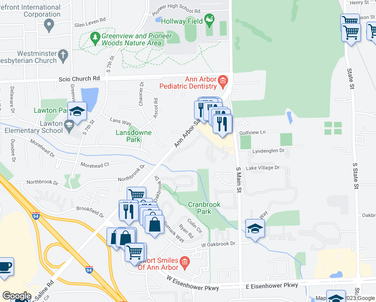 map of restaurants, bars, coffee shops, grocery stores, and more near 247 Fieldcrest Street in Ann Arbor