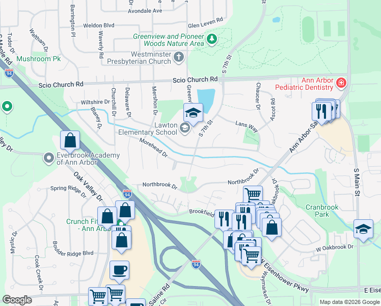 map of restaurants, bars, coffee shops, grocery stores, and more near 2325 South 7th Street in Ann Arbor