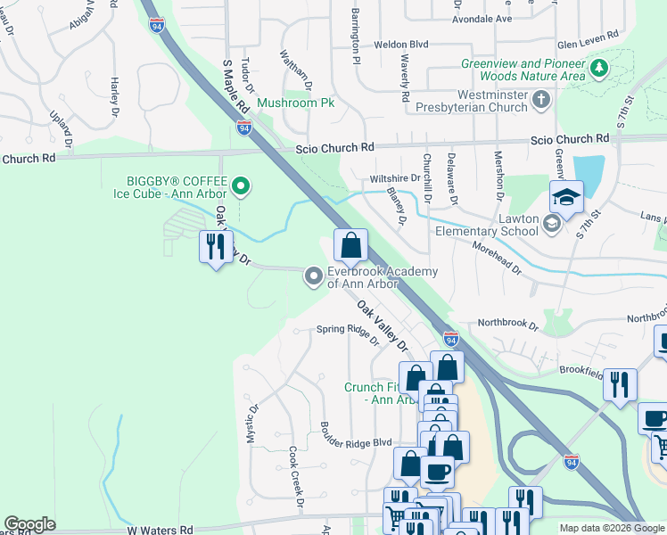 map of restaurants, bars, coffee shops, grocery stores, and more near 2411 Oak Valley Drive in Ann Arbor